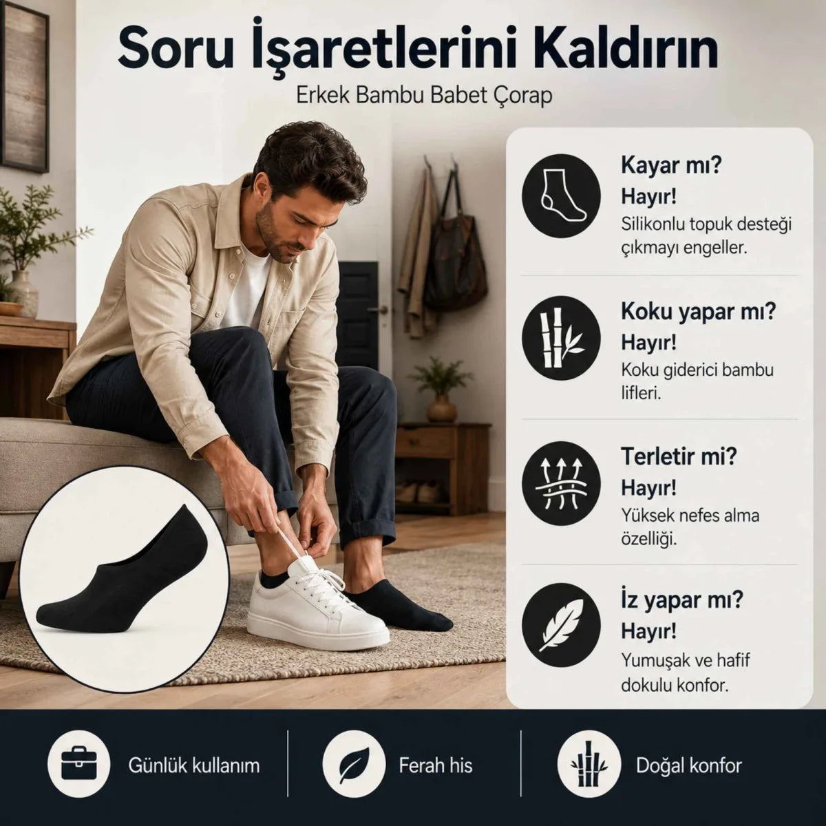 Erkek Bambu 6’lı Babet Çorap Görünmez No Show Dikişsiz Silikon Topuklu