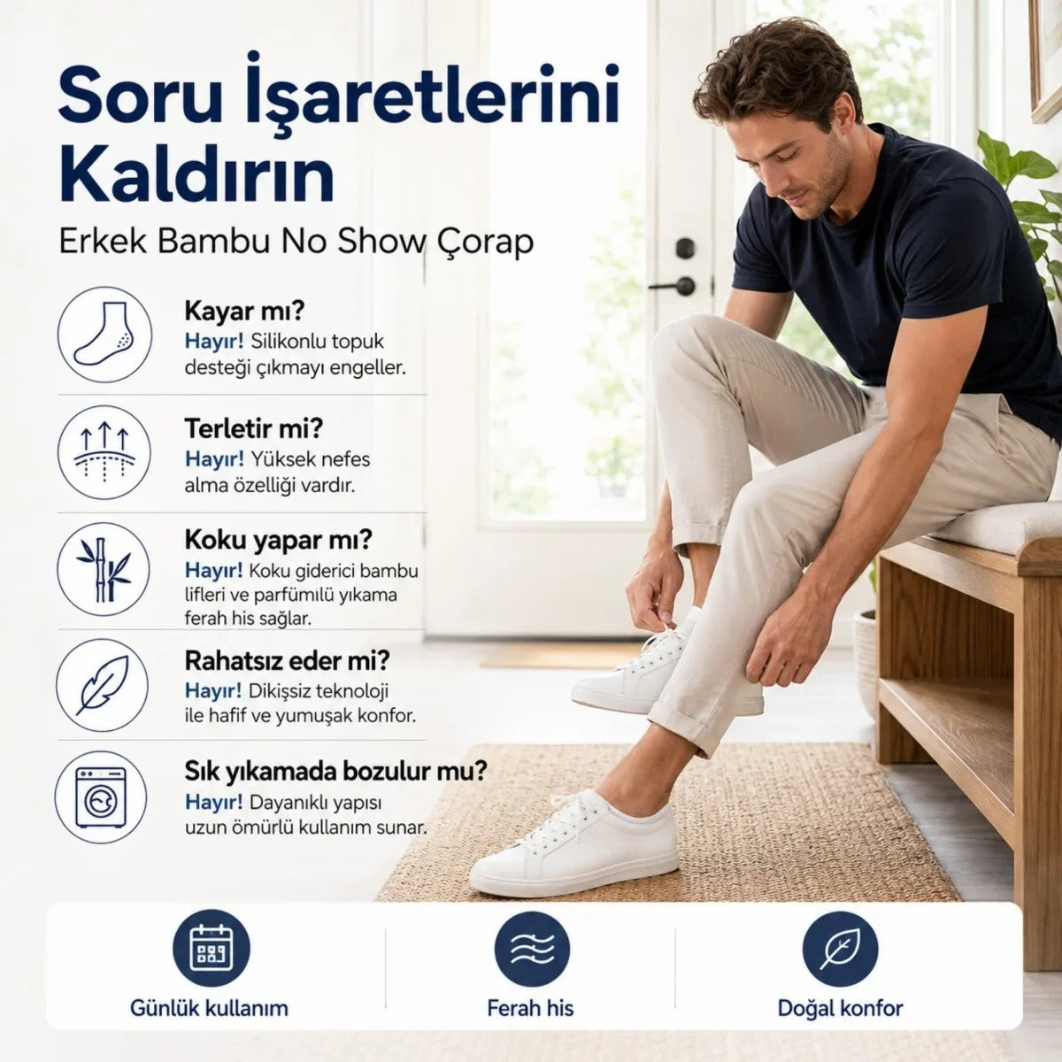 Erkek Bambu 6’lı Babet Çorap Görünmez No Show Dikişsiz Silikon Topuklu
