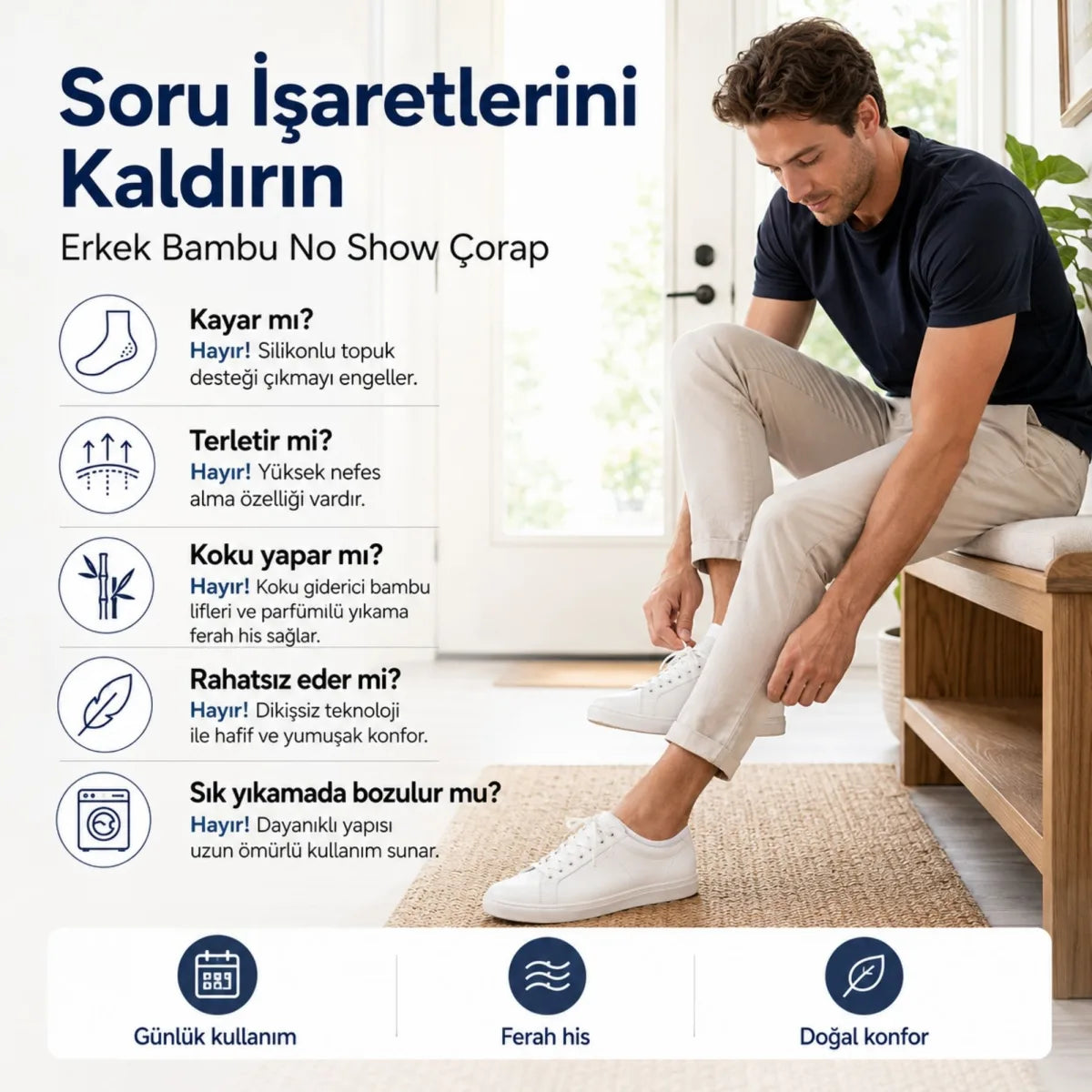 Erkek Bambu 6’lı Babet Çorap Görünmez No Show Dikişsiz Silikon Topuklu