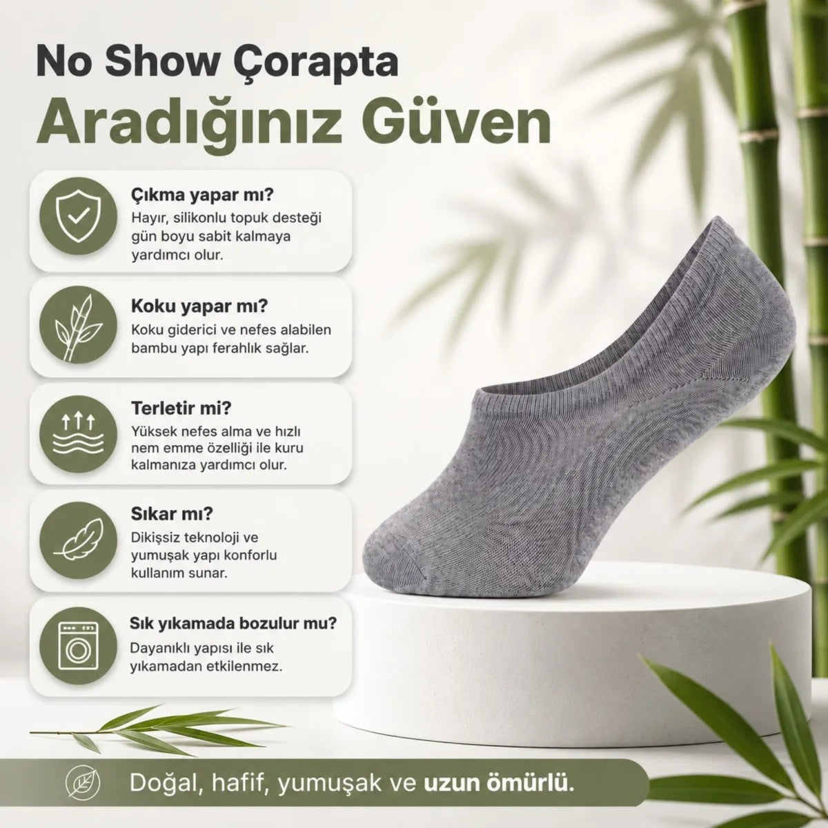 Erkek Bambu 6’lı Babet Çorap Görünmez No Show Dikişsiz Silikon Topuklu