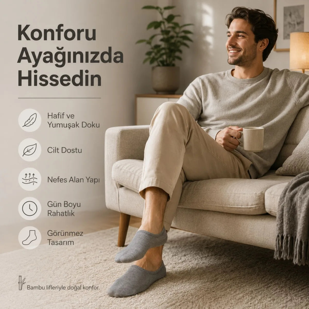 Erkek Bambu 6’lı Babet Çorap Görünmez No Show Dikişsiz Silikon Topuklu