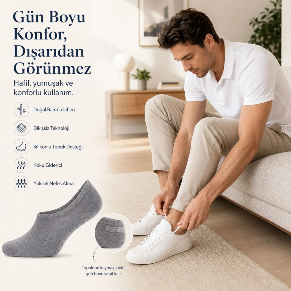 Erkek Bambu 6’lı Babet Çorap Görünmez No Show Dikişsiz Silikon Topuklu