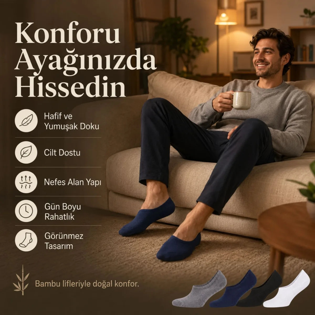 Erkek Bambu 8’li Babet Çorap Görünmez No Show Dikişsiz Silikon Topuklu