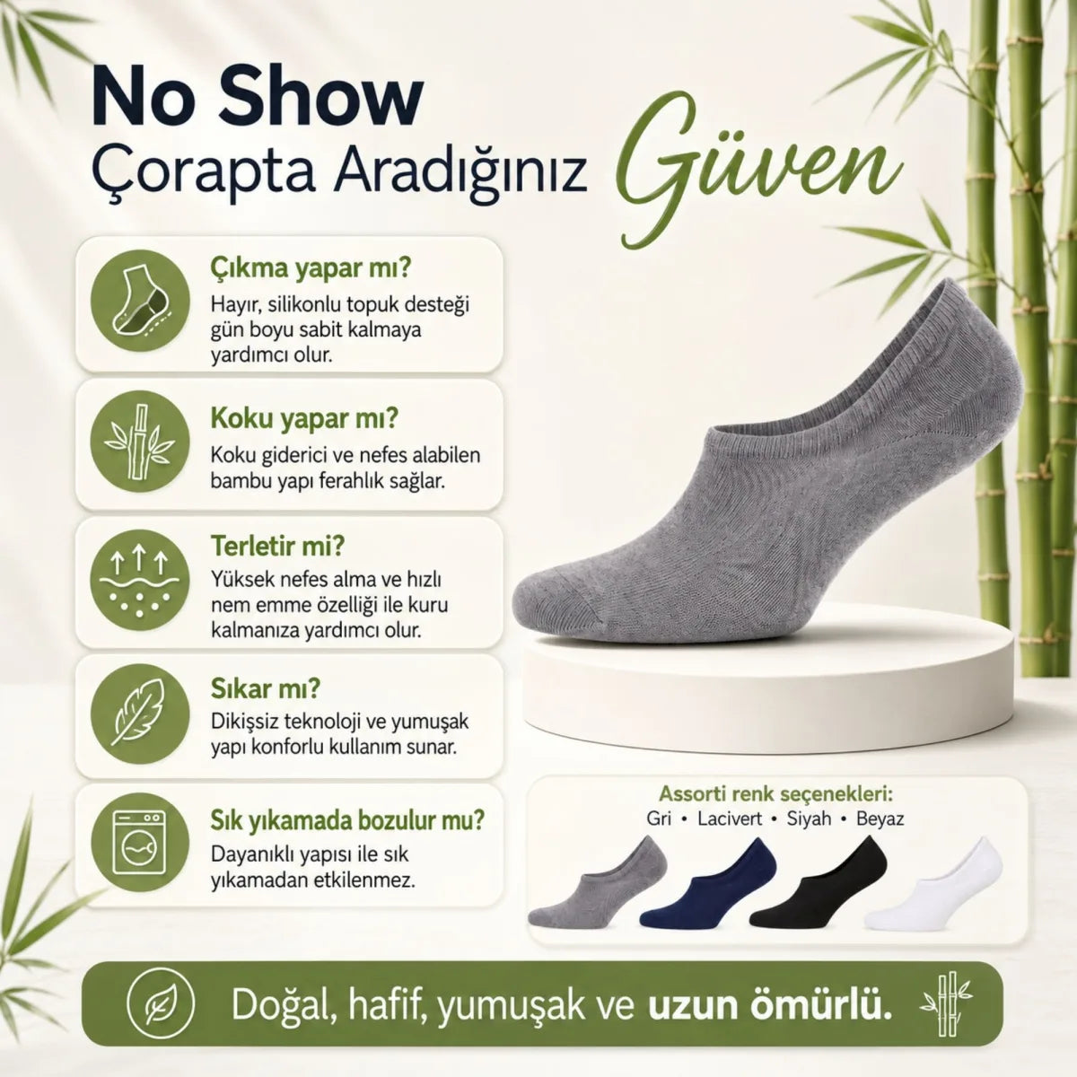 Erkek Bambu 8’li Babet Çorap Görünmez No Show Dikişsiz Silikon Topuklu