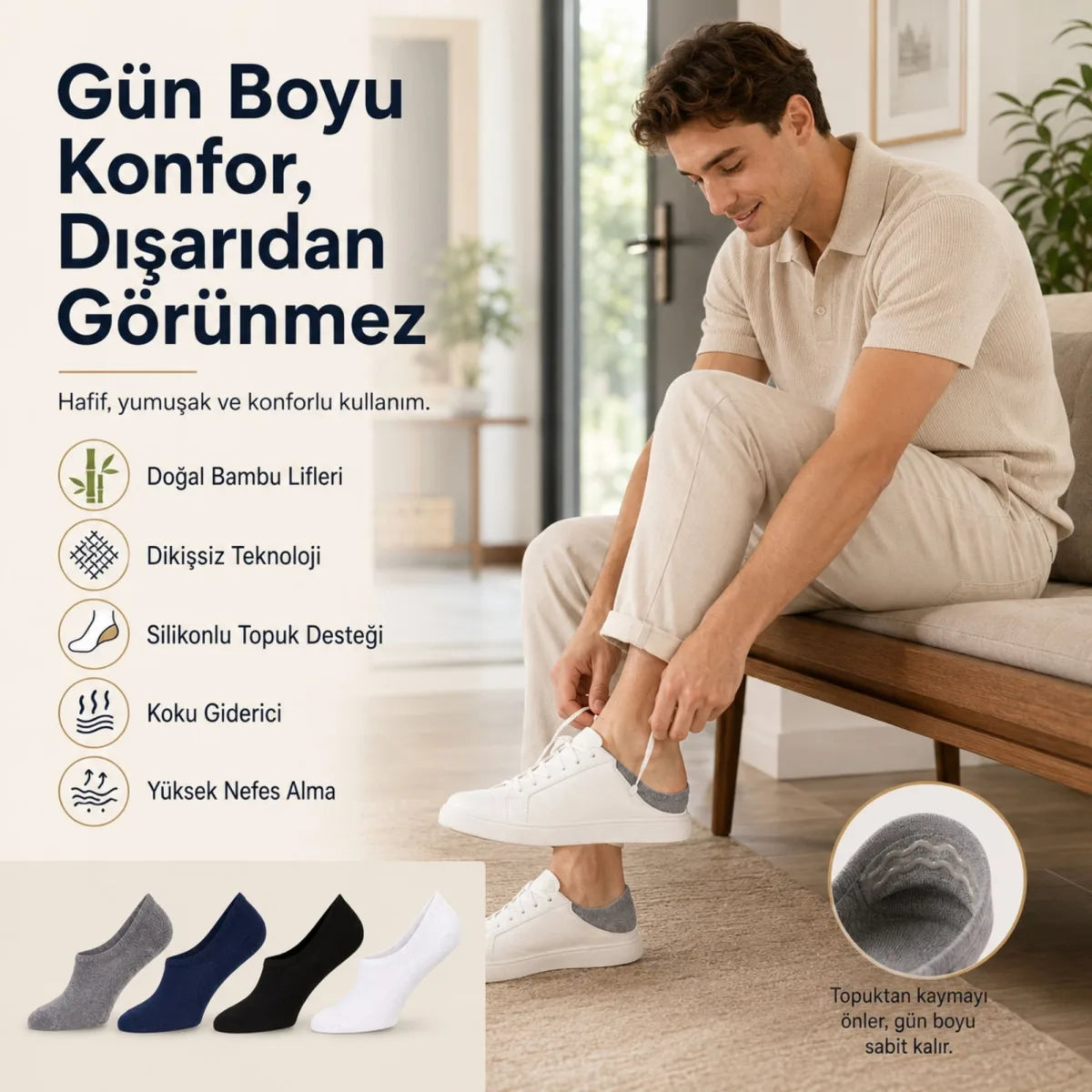 Erkek Bambu 8’li Babet Çorap Görünmez No Show Dikişsiz Silikon Topuklu