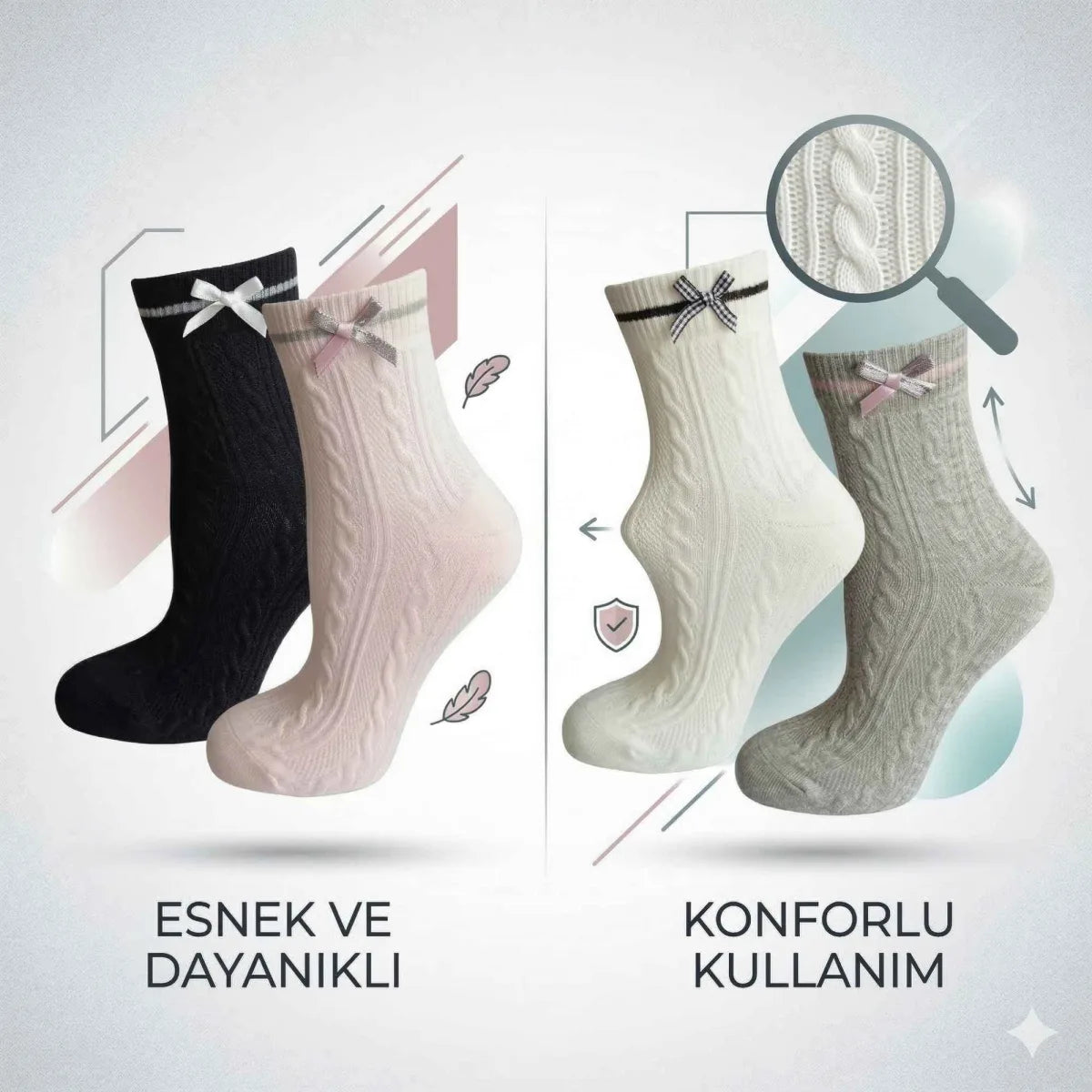 Kadın Fiyonklu Örgü Soket Çorap 4’lü Set – Yumuşak Pamuklu Dokulu Şık Günlük Çorap