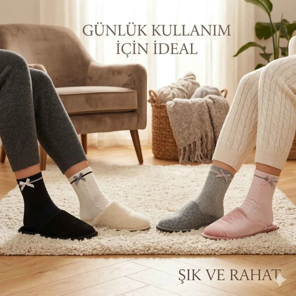 Kadın Fiyonklu Örgü Soket Çorap 4’lü Set – Yumuşak Pamuklu Dokulu Şık Günlük Çorap