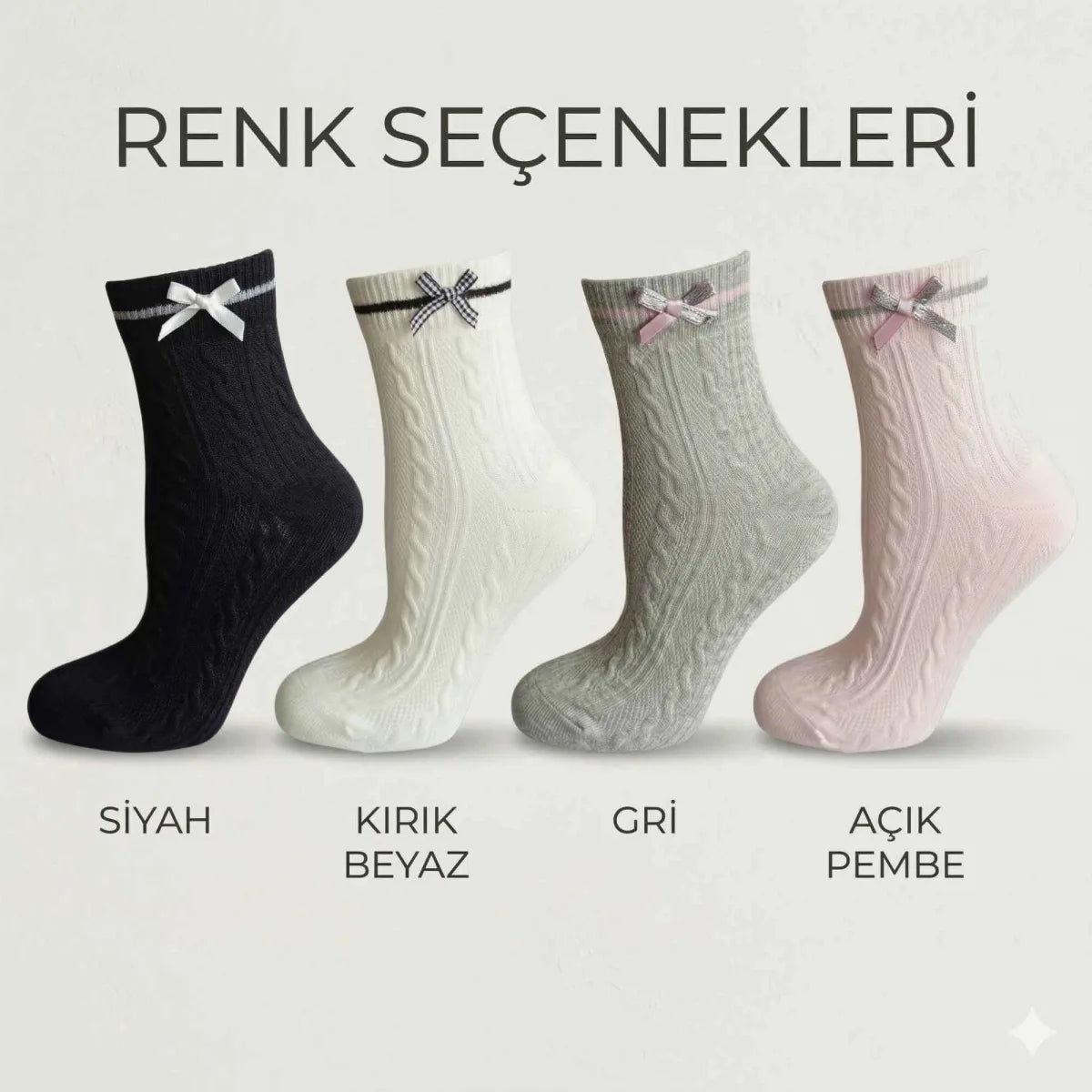 Kadın Fiyonklu Örgü Soket Çorap 4’lü Set – Yumuşak Pamuklu Dokulu Şık Günlük Çorap