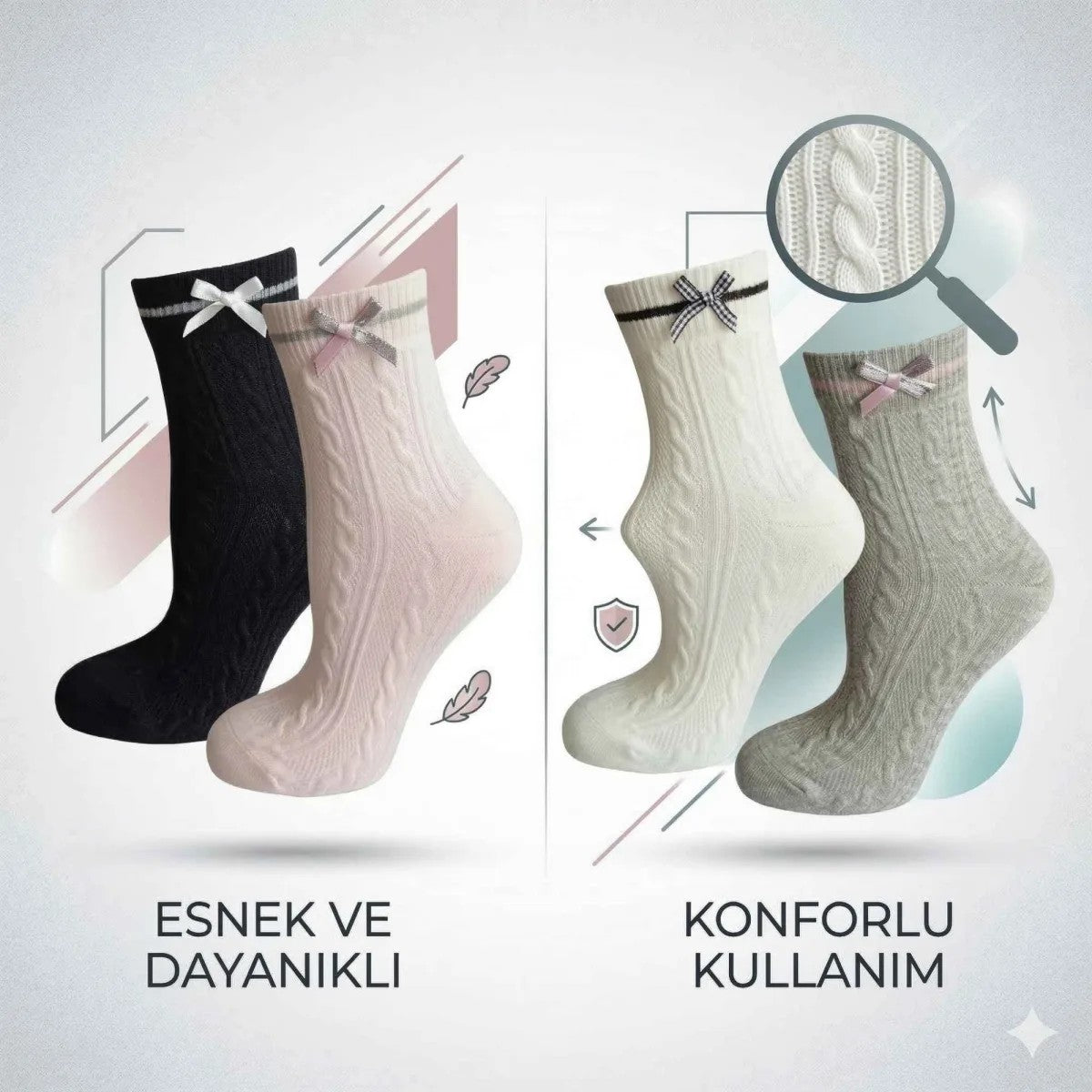 Kadın Fiyonklu Örgü Soket Çorap 8’li Set – Yumuşak Pamuklu Dokulu Şık Günlük Çorap