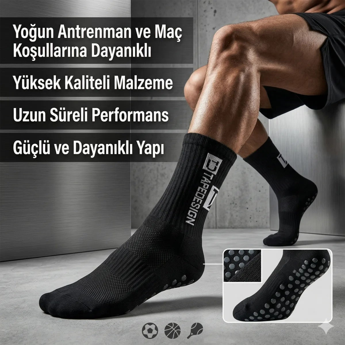 Kaydırmaz Futbol Basketbol Tenis Erkek Spor Çorap, Siyah, Kaymaz Çorap Tabanlı, Dikişsiz ve Parfümlü, Yüksek Kalite