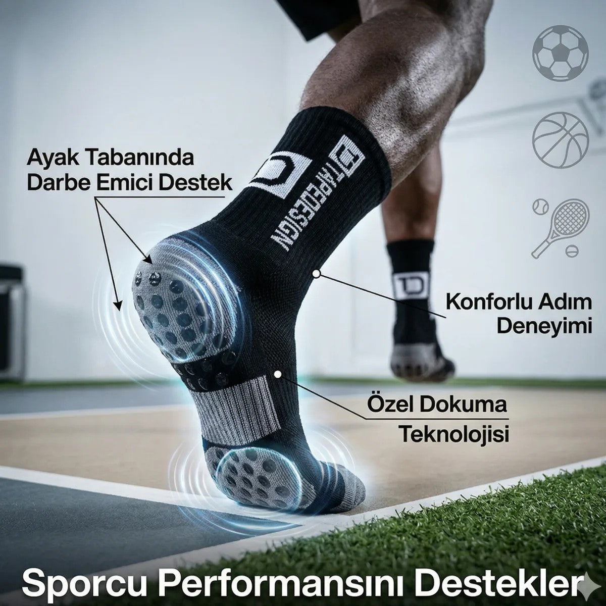 Kaydırmaz Futbol Basketbol Tenis Erkek Spor Çorap, Siyah, Kaymaz Çorap Tabanlı, Dikişsiz ve Parfümlü, Yüksek Kalite