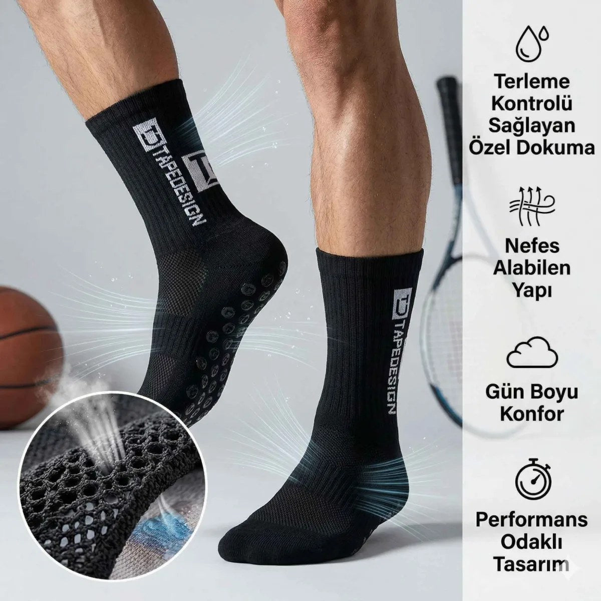 Kaydırmaz Futbol 3’lü Basketbol Tenis Erkek Spor Çorap, Siyah, Kaymaz Çorap Tabanlı, Dikişsiz ve Parfümlü, Yüksek Kalite