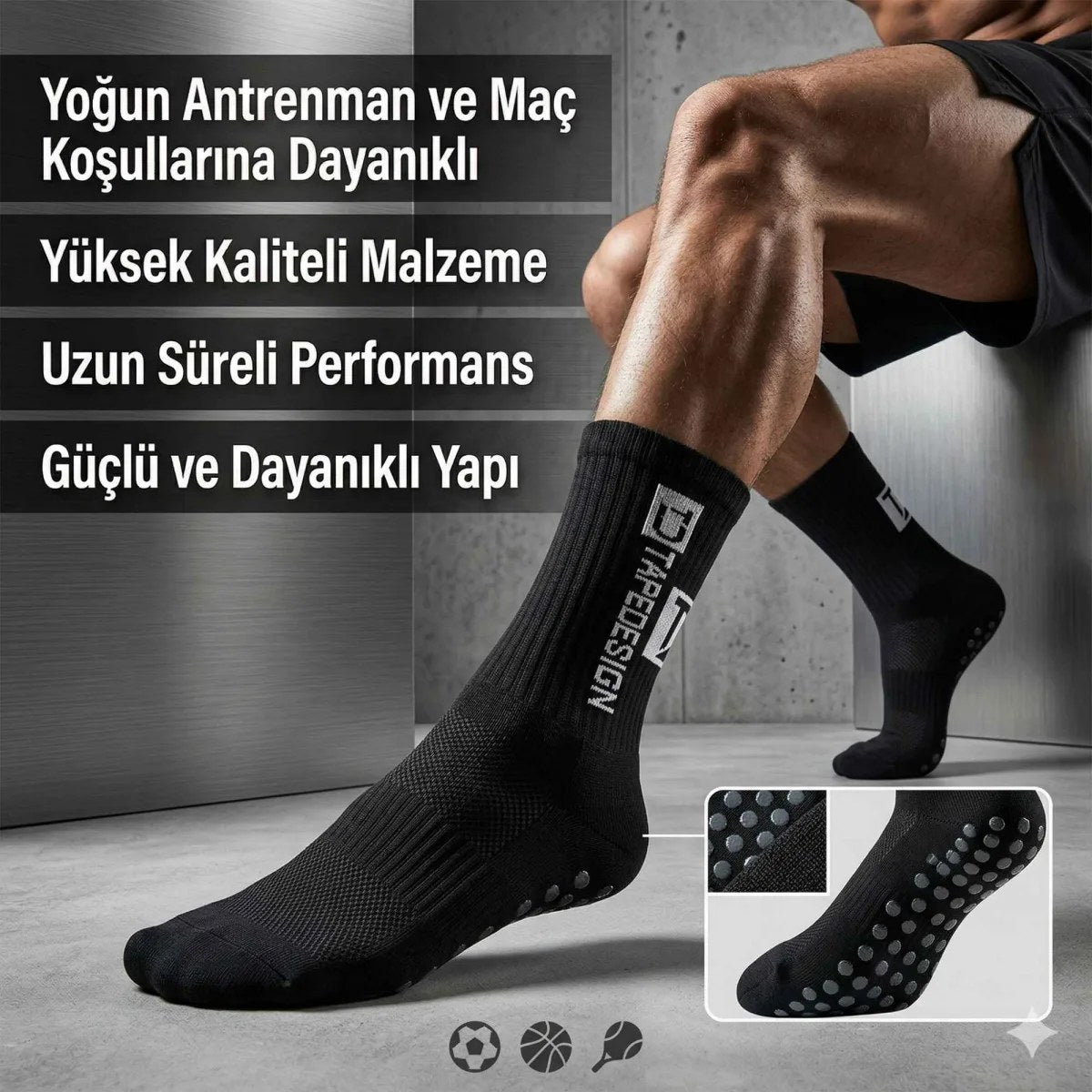 Kaydırmaz Futbol 3’lü Basketbol Tenis Erkek Spor Çorap, Siyah, Kaymaz Çorap Tabanlı, Dikişsiz ve Parfümlü, Yüksek Kalite