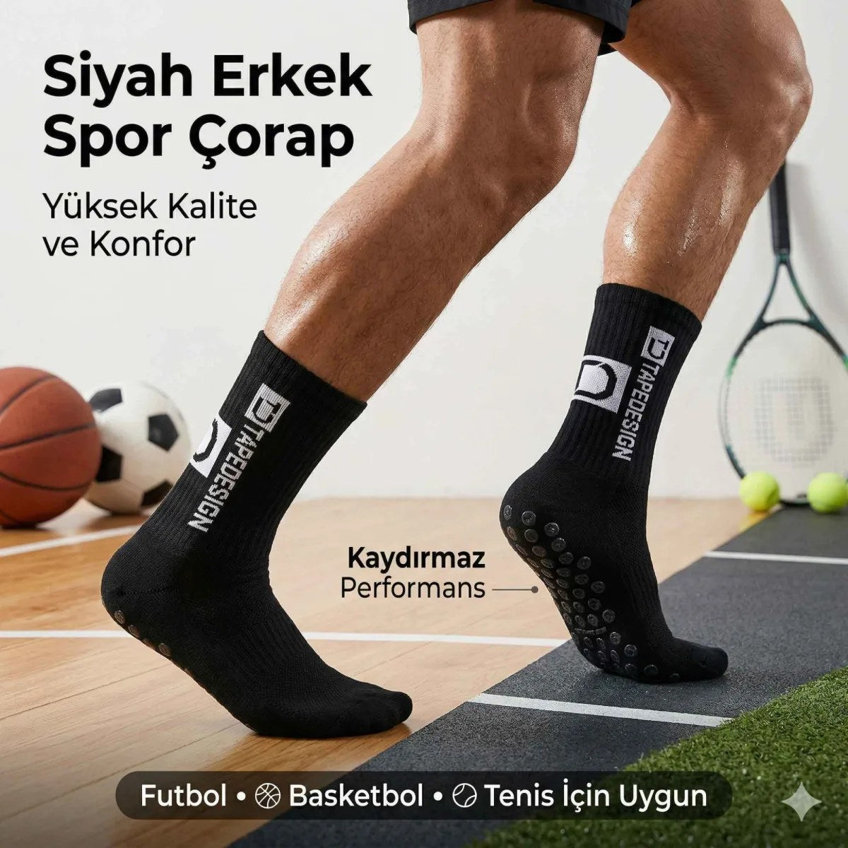 Kaydırmaz Futbol 3’lü Basketbol Tenis Erkek Spor Çorap, Siyah, Kaymaz Çorap Tabanlı, Dikişsiz ve Parfümlü, Yüksek Kalite