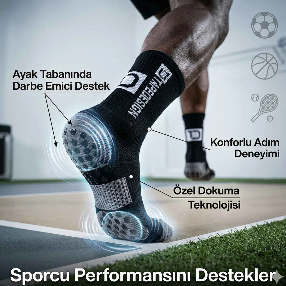 Kaydırmaz Futbol 3’lü Basketbol Tenis Erkek Spor Çorap, Siyah, Kaymaz Çorap Tabanlı, Dikişsiz ve Parfümlü, Yüksek Kalite