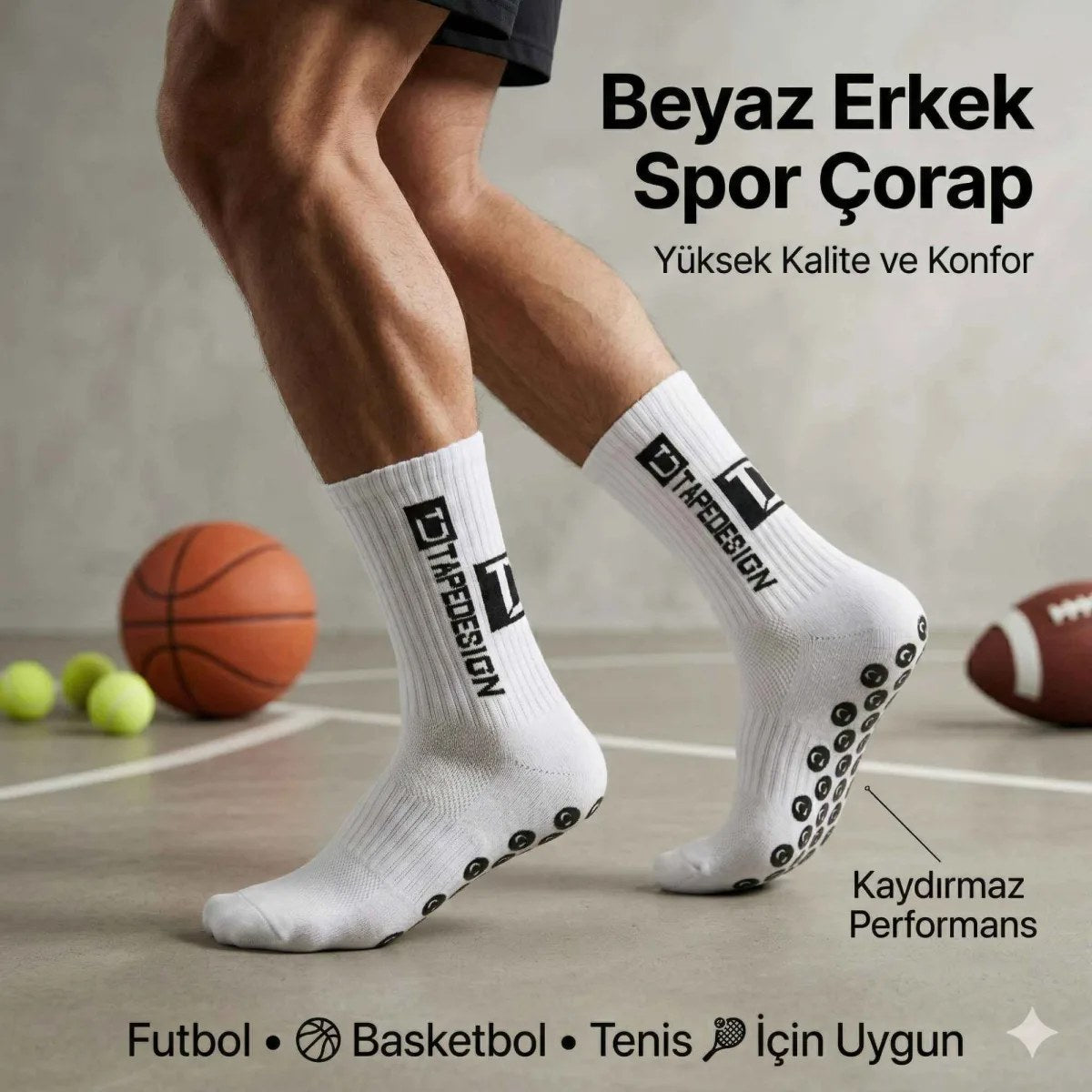 Kaydırmaz Çorap 3’lü Futbol Basketbol Tenis Erkek Spor Çorap, Beyaz, Kaymaz Çorap Tabanlı, Dikişsiz ve Parfümlü, Yüksek Kalite