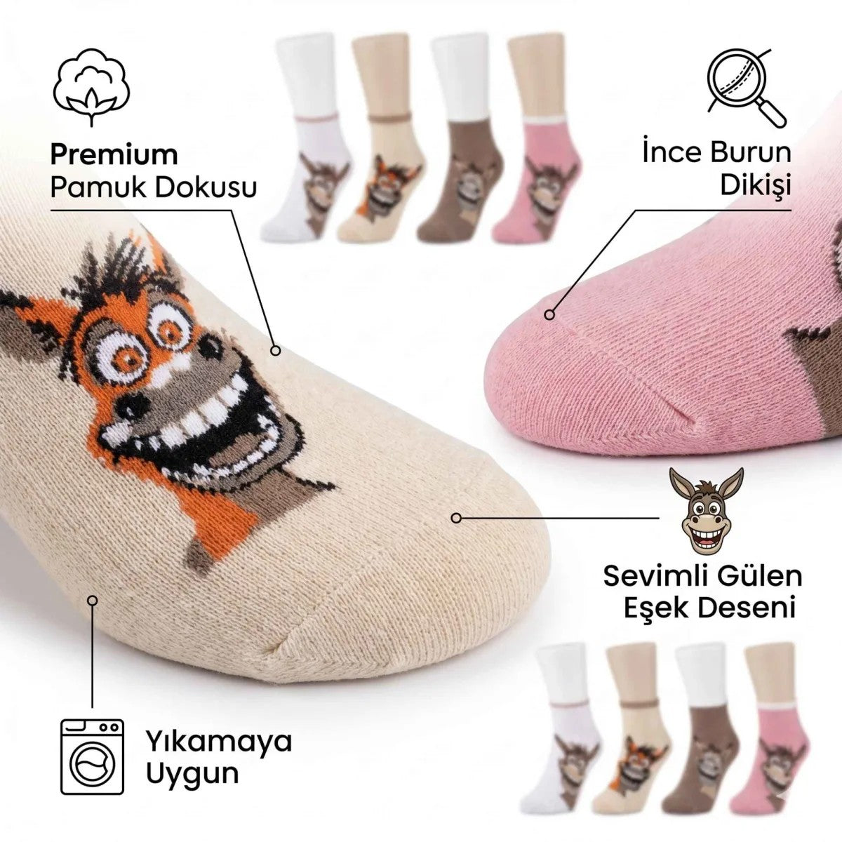 Kadın Gülen Eşek Desenli Çorap 4’lü – Pamuklu, Eğlenceli ve Yumuşak Soket Çorap 36-40