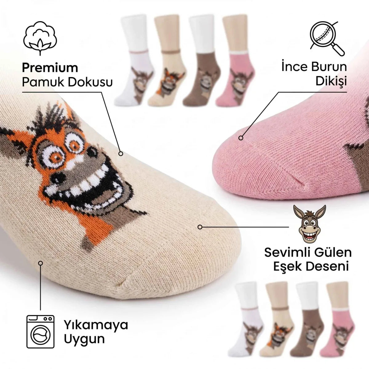 Kadın Gülen Eşek Desenli Çorap 4’lü – Pamuklu, Eğlenceli ve Yumuşak Soket Çorap 36-40