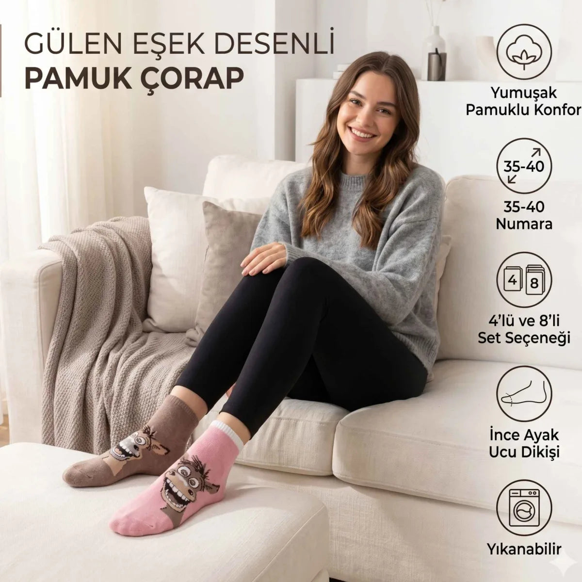 Kadın Gülen Eşek Desenli Çorap 8’li Set – Pamuklu, Eğlenceli ve Yumuşak Soket Çorap 36-40