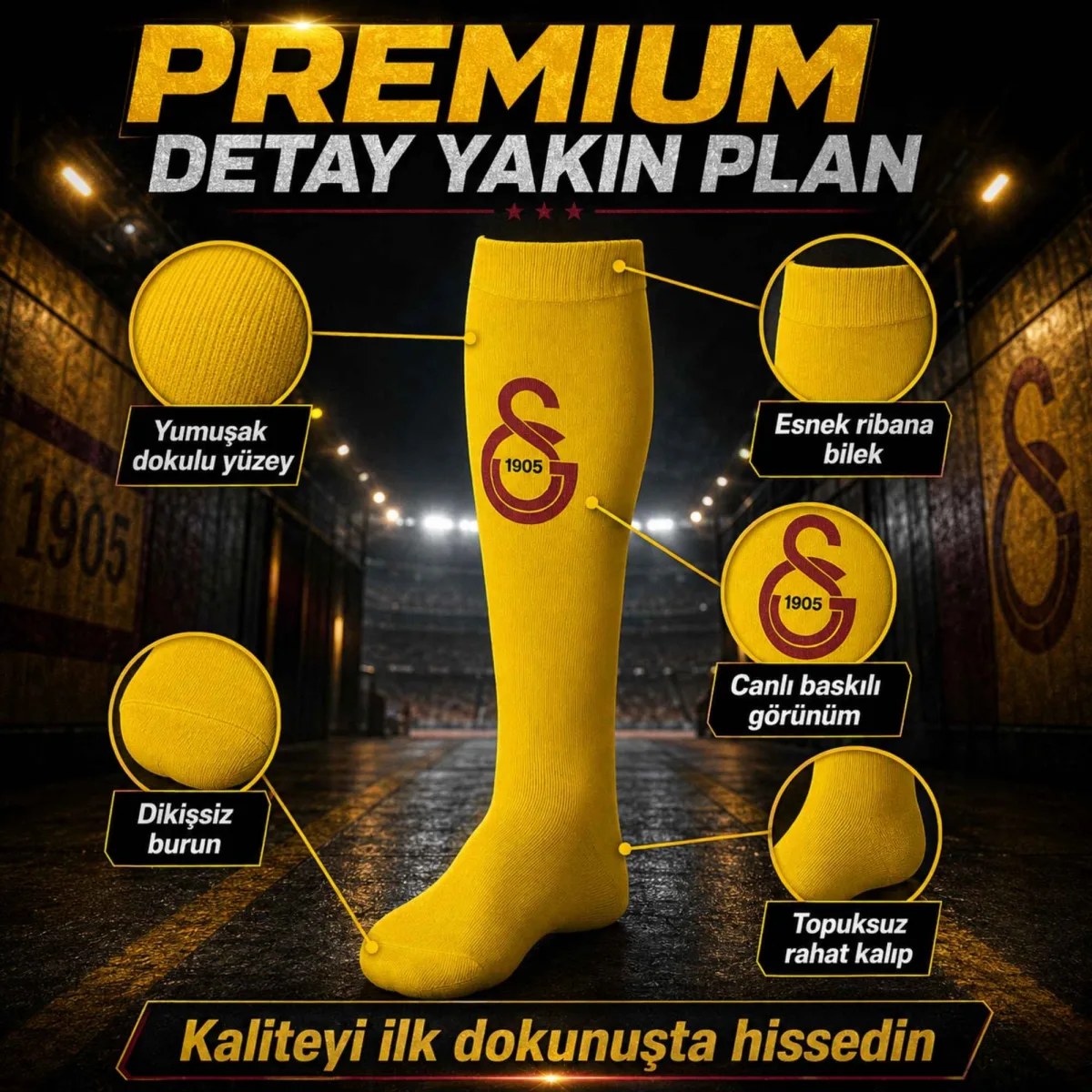 Takım Logolu 3’lü Sarı Futbol Çorabı 31-43, Unisex Uzun Konç, Dikişsiz Burun