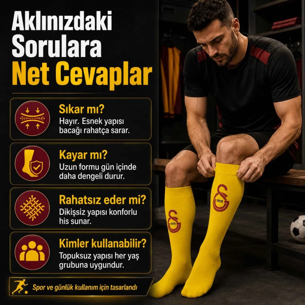 Takım Logolu 3’lü Sarı Futbol Çorabı 31-43, Unisex Uzun Konç, Dikişsiz Burun