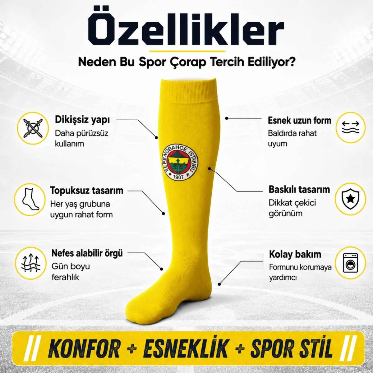 Takım Logolu 3’lü Sarı Futbol Çorabı 31-43, Unisex Uzun Konç, Dikişsiz Burun
