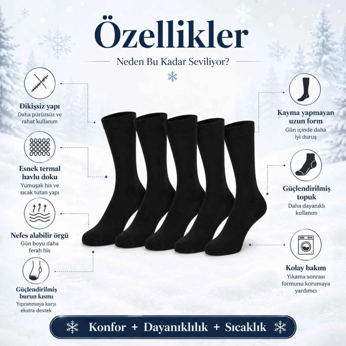 Kadın Siyah 12’li Kışlık Termal Uzun Çorap | Dikişsiz, Esnek Havlu Dokulu, Sıcak Tutan, Güçlendirilmiş Topuk ve Burun