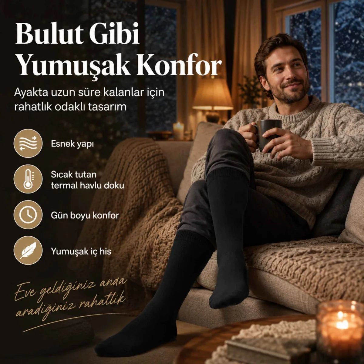 Erkek Siyah 12’li Kışlık Uzun Termal Havlu Çorap | Dikişsiz, Esnek, Sıcak Tutan, Güçlendirilmiş Topuk ve Burun