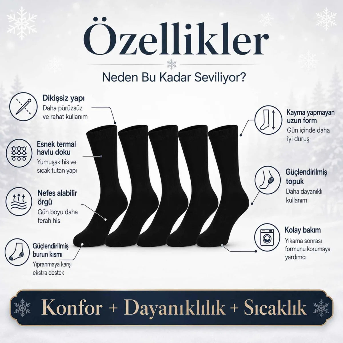 Erkek Siyah 12’li Kışlık Uzun Termal Havlu Çorap | Dikişsiz, Esnek, Sıcak Tutan, Güçlendirilmiş Topuk ve Burun