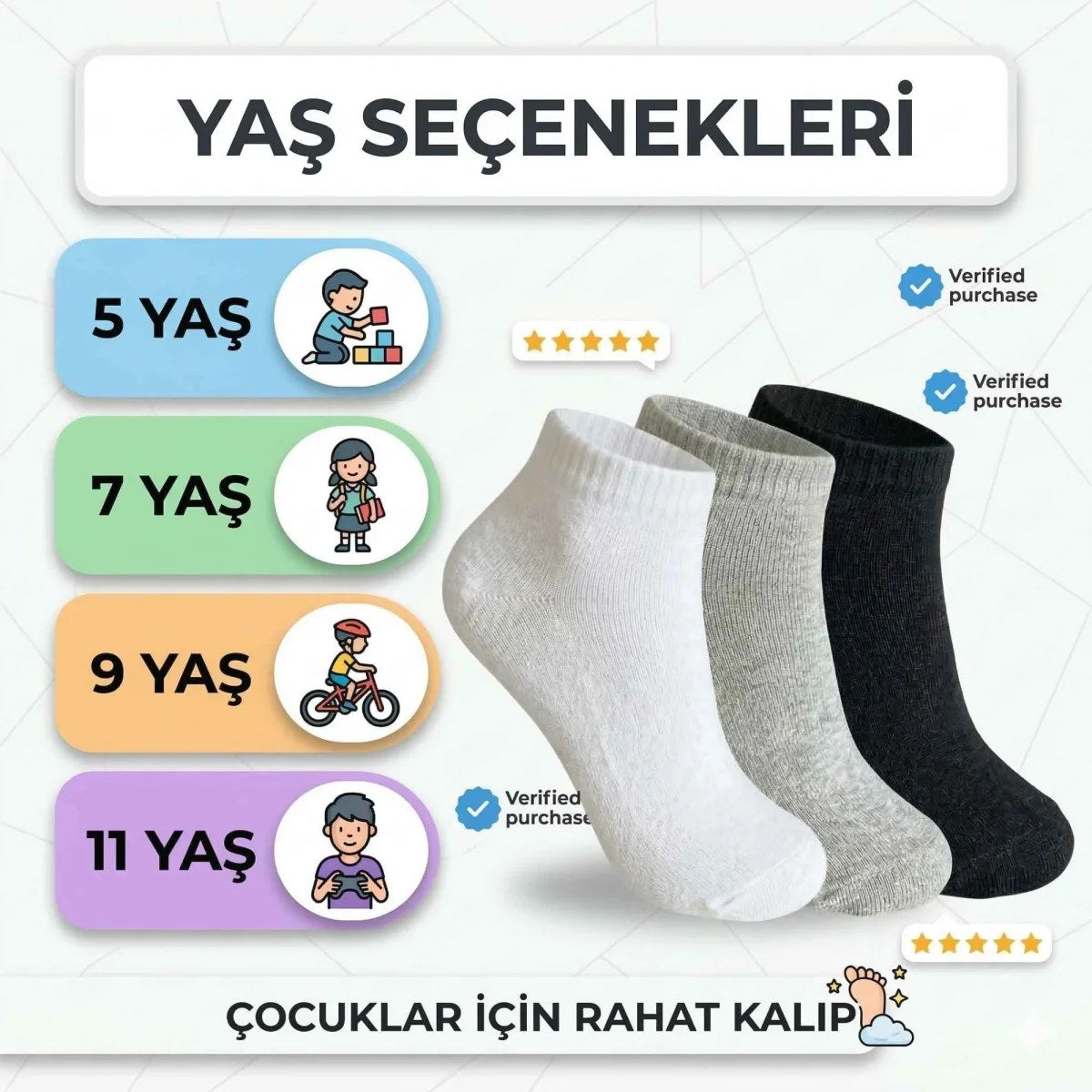 Çocuk Patik Çorap 3’lü – Pamuklu, Nefes Alan Günlük Kısa Çorap