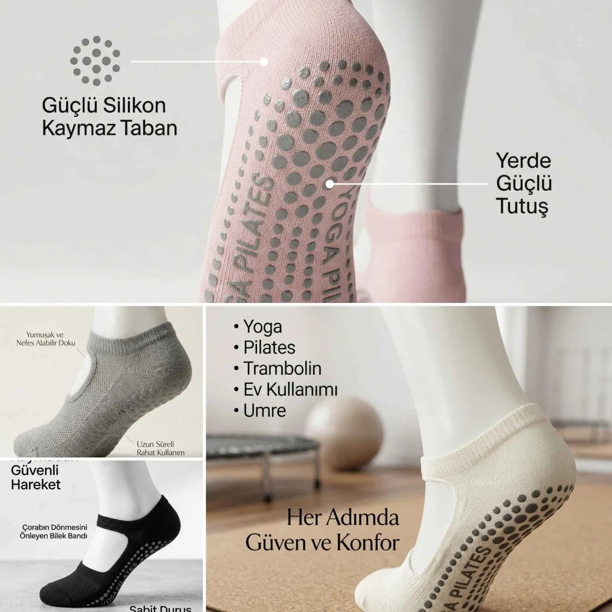 Kaymaz Taban Yoga ve Pilates Çorabı 4’lü Kadın, Silikon Tabanlı Nefes Alabilir Bilek Bantlı Çorap, Ev Yoga Pilates Trambolin Umre İçin, 4 Renk