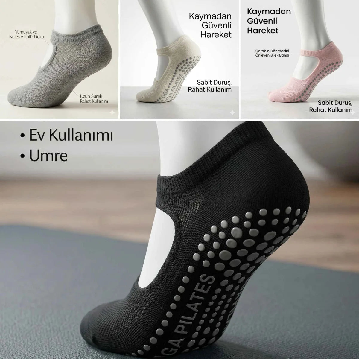 Kaymaz Taban Yoga ve Pilates Çorabı 4’lü Kadın, Silikon Tabanlı Nefes Alabilir Bilek Bantlı Çorap, Ev Yoga Pilates Trambolin Umre İçin, 4 Renk