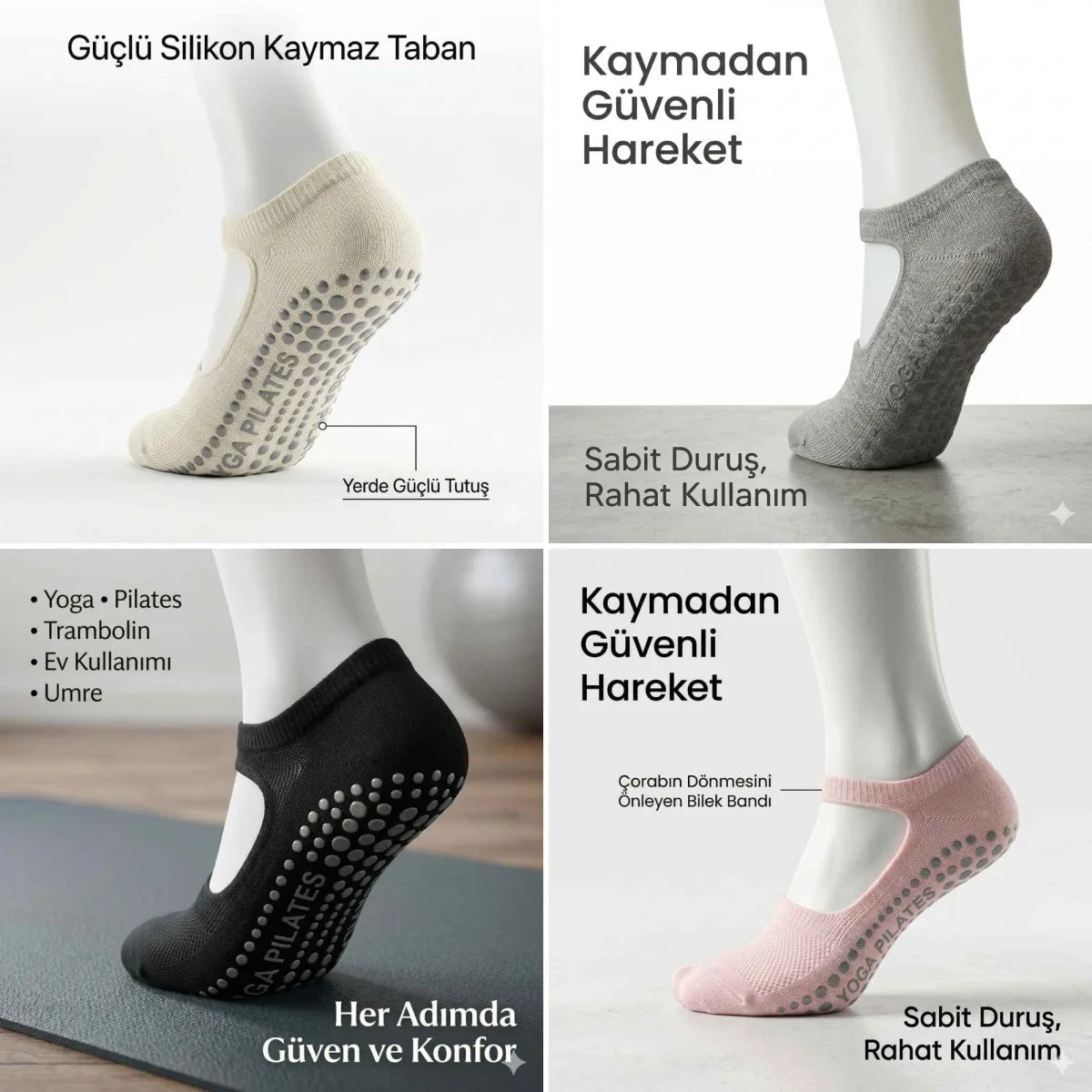 Kaymaz Taban Yoga ve Pilates Çorabı 8’li Kadın, Silikon Tabanlı Nefes Alabilir Bilek Bantlı Çorap, Ev Yoga Pilates Trambolin Umre İçin, 4 Renk