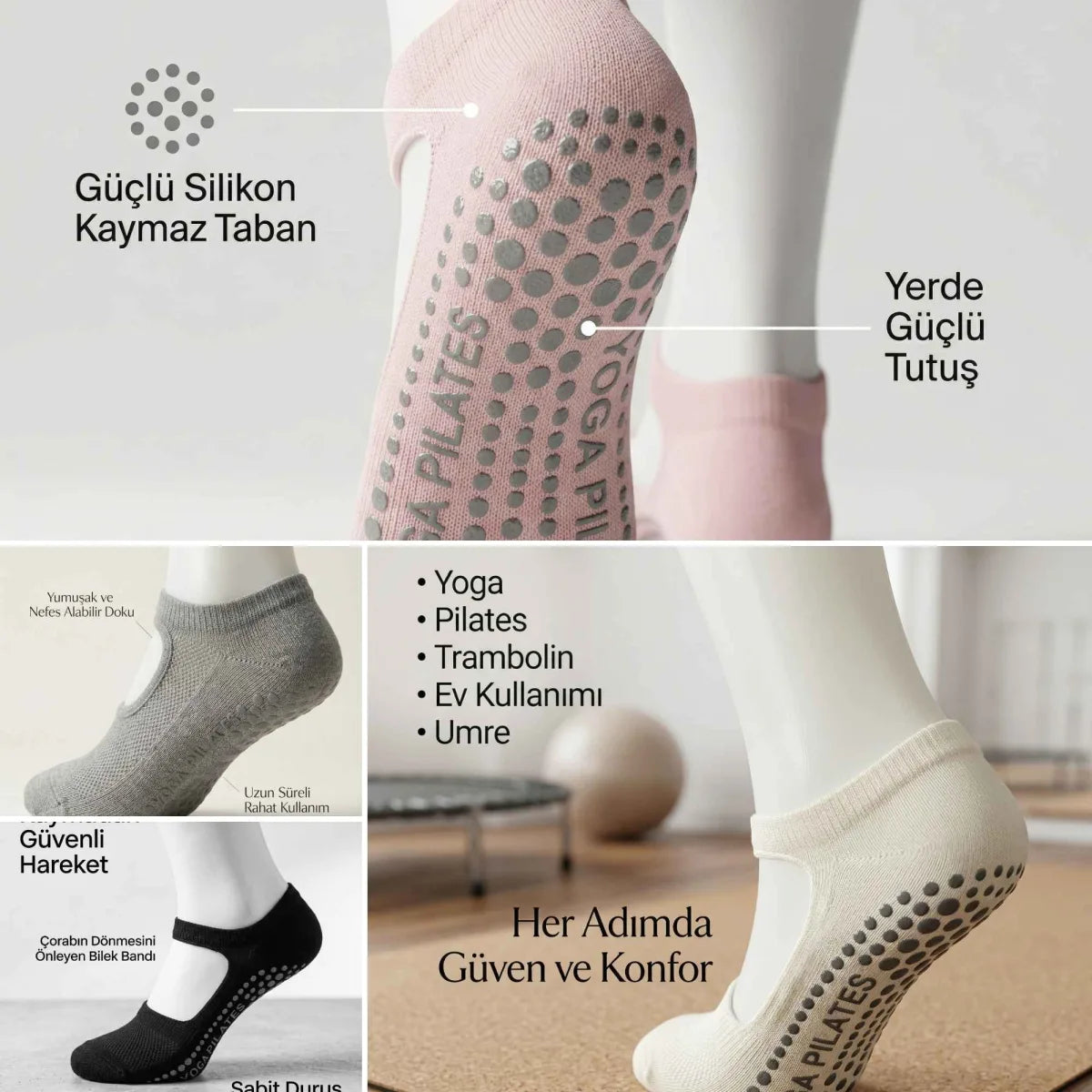 Kaymaz Taban Yoga ve Pilates Çorabı 8’li Kadın, Silikon Tabanlı Nefes Alabilir Bilek Bantlı Çorap, Ev Yoga Pilates Trambolin Umre İçin, 4 Renk