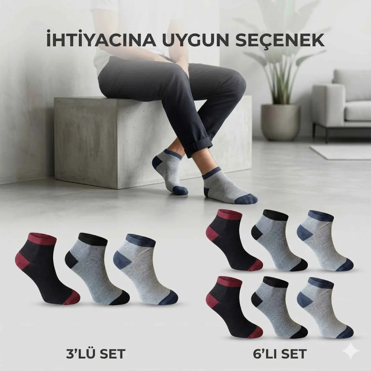 Erkek Patik Çorap 3’lü Set – Renkli Burun Topuk Detaylı Günlük Kısa Çorap