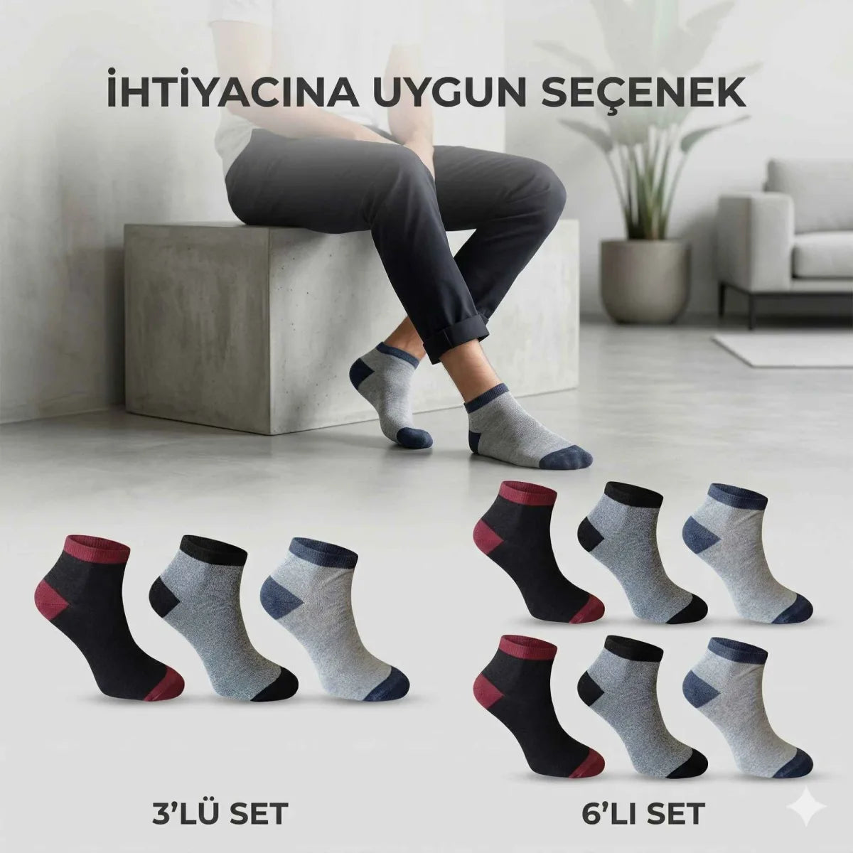 Erkek Patik Çorap 6’lı Set – Renkli Burun Topuk Detaylı Günlük Kısa Çorap