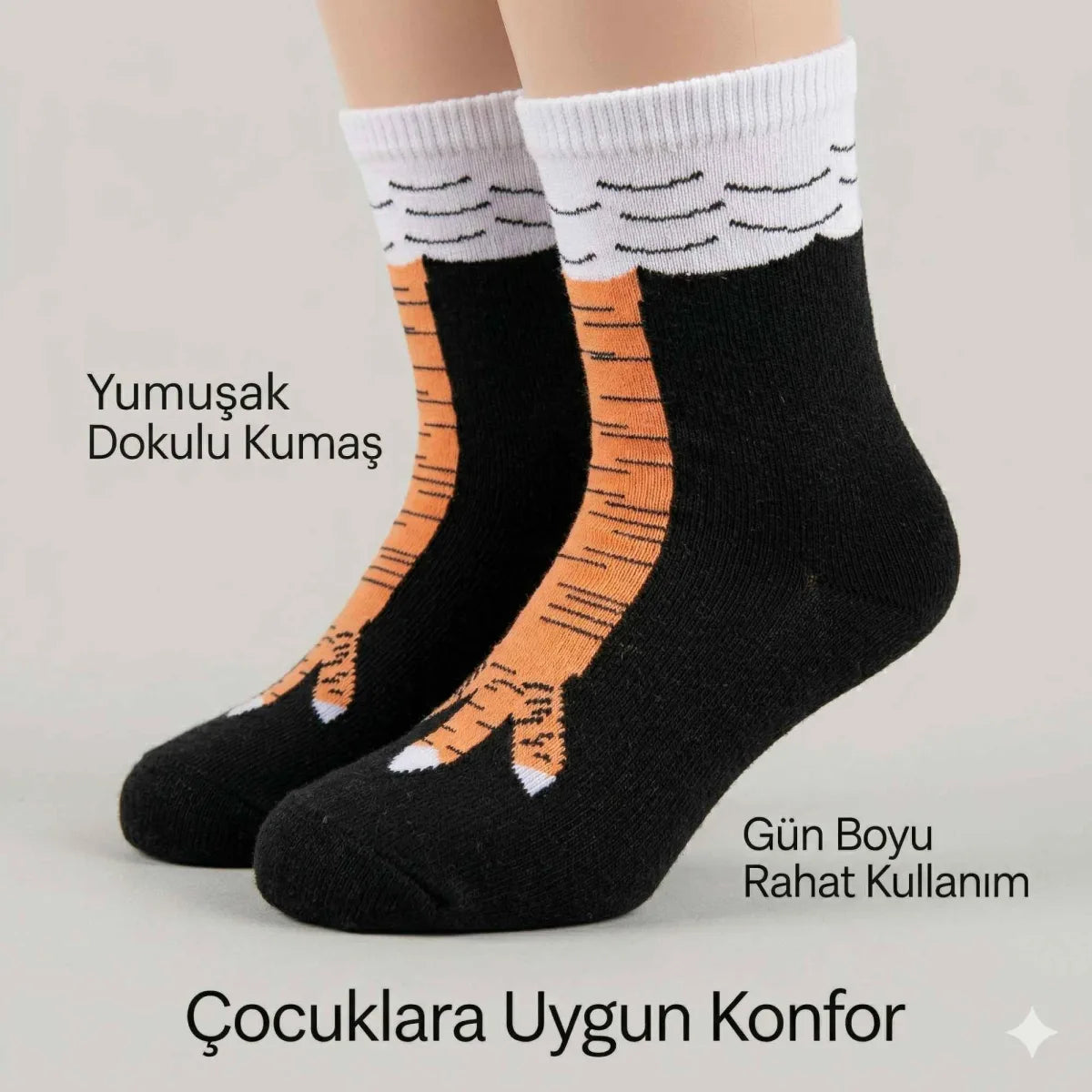 Tavuk Desenli Çocuk Çorap Siyah Turuncu Eğlenceli Hayvan Figürlü Yumuşak Dokulu Günlük Çorap