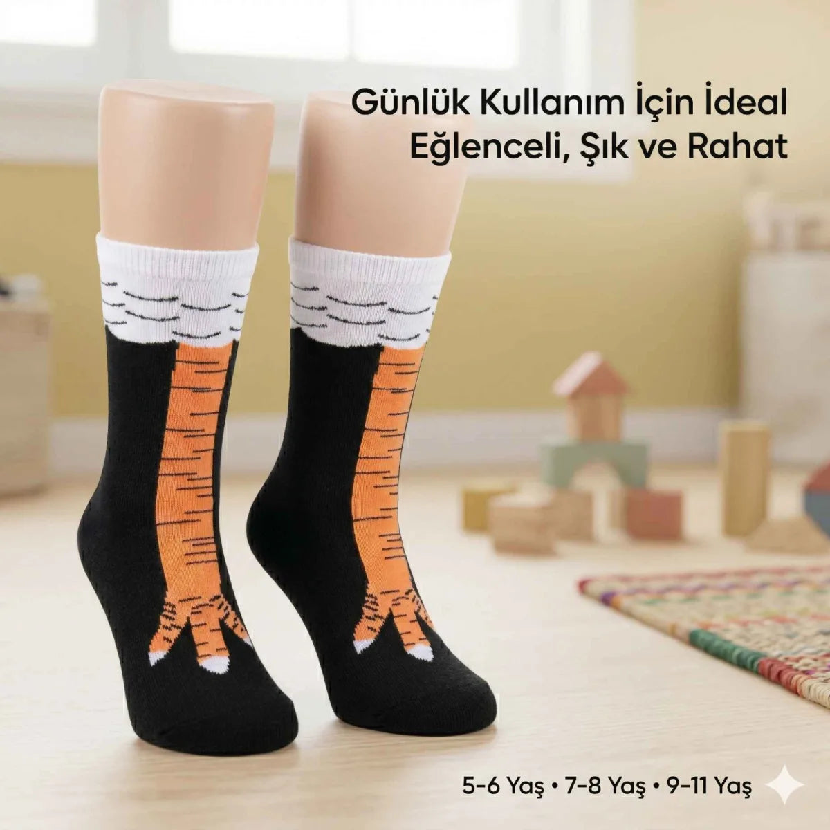 Tavuk Desenli Çocuk Çorap Siyah Turuncu Eğlenceli Hayvan Figürlü Yumuşak Dokulu Günlük Çorap