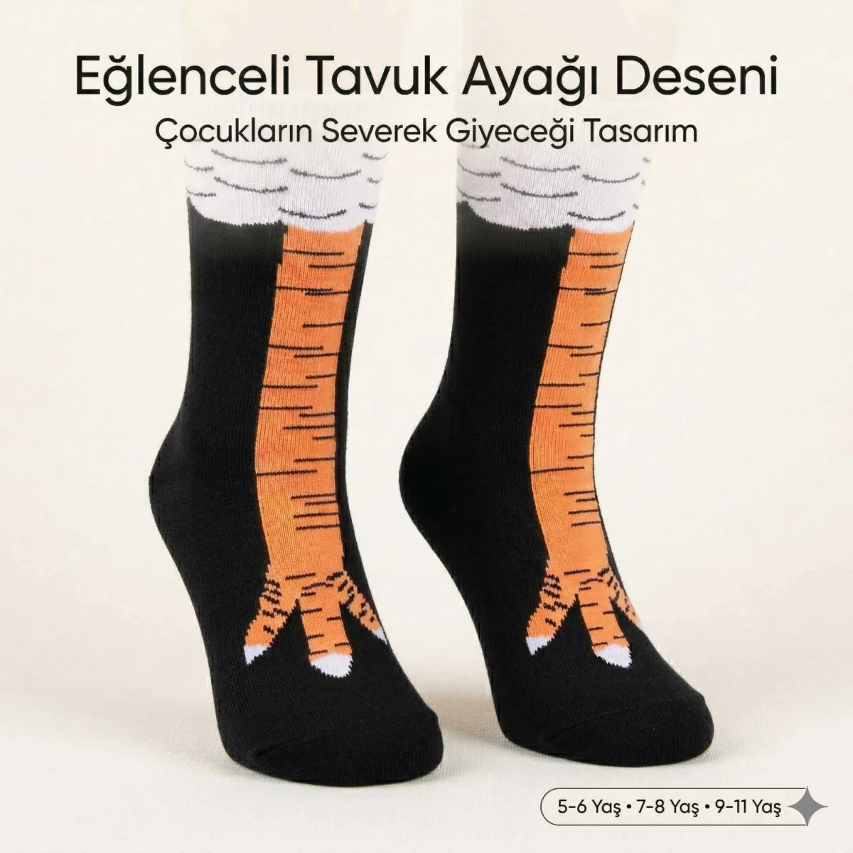 Tavuk Ayağı Desenli Çocuk Çorap Siyah Turuncu Eğlenceli Hayvan Figürlü Yumuşak Dokulu Günlük Çorap