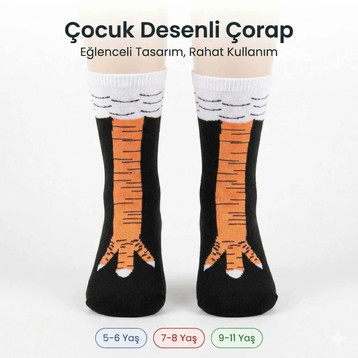 Tavuk Ayağı Desenli Çocuk Çorap Siyah Turuncu Eğlenceli Hayvan Figürlü Yumuşak Dokulu Günlük Çorap