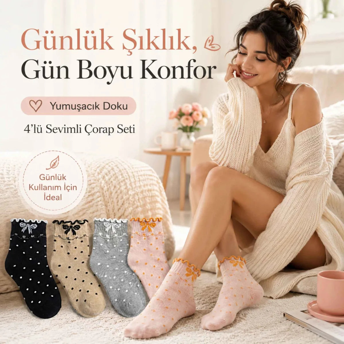Kadın Fırfırlı Soket Çorap 4’lü Set – Puantiyeli, Fiyonklu, Yumuşak ve Esnek Bilek Çorabı