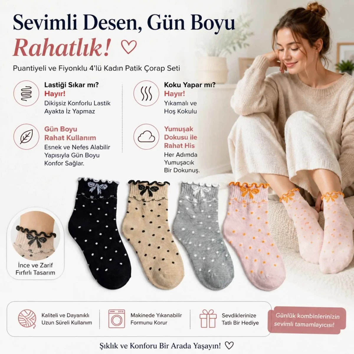 Kadın Fırfırlı Soket Çorap 4’lü Set – Puantiyeli, Fiyonklu, Yumuşak ve Esnek Bilek Çorabı