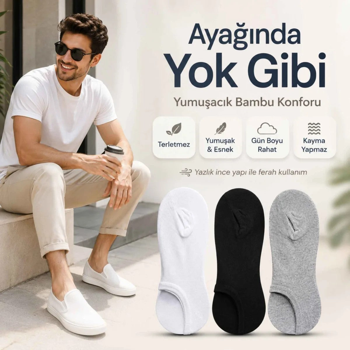 Erkek Bambu 6’lı Dikişsiz Babet Çorap Siyah Beyaz Gri Görünmez Sneaker Çorap Nefes Alan Yumuşak