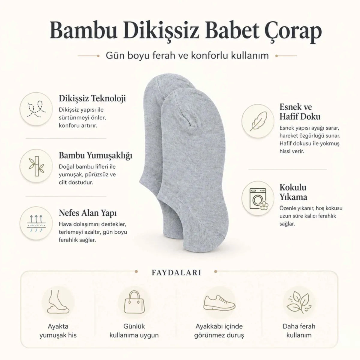 Erkek Bambu 6’lı Dikişsiz Babet Çorap Siyah Beyaz Gri Görünmez Sneaker Çorap Nefes Alan Yumuşak