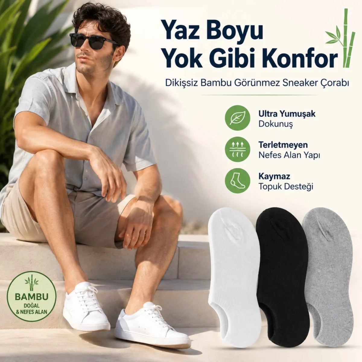 Erkek Bambu 6’lı Dikişsiz Babet Çorap Siyah Beyaz Gri Görünmez Sneaker Çorap Nefes Alan Yumuşak
