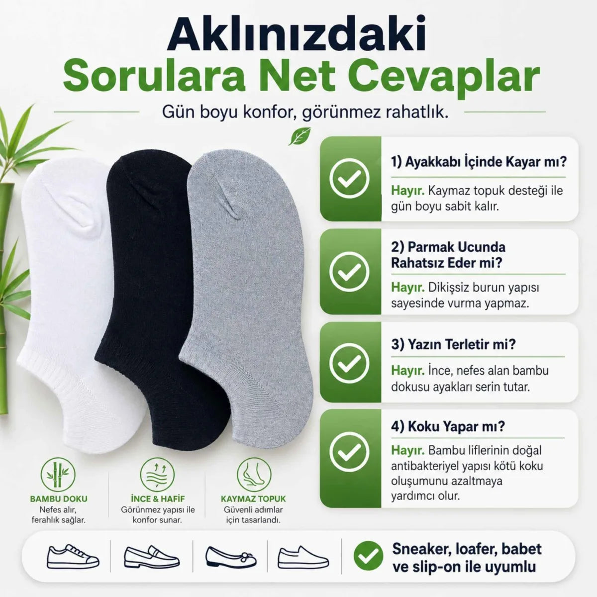 Erkek Bambu 6’lı Dikişsiz Babet Çorap Siyah Beyaz Gri Görünmez Sneaker Çorap Nefes Alan Yumuşak
