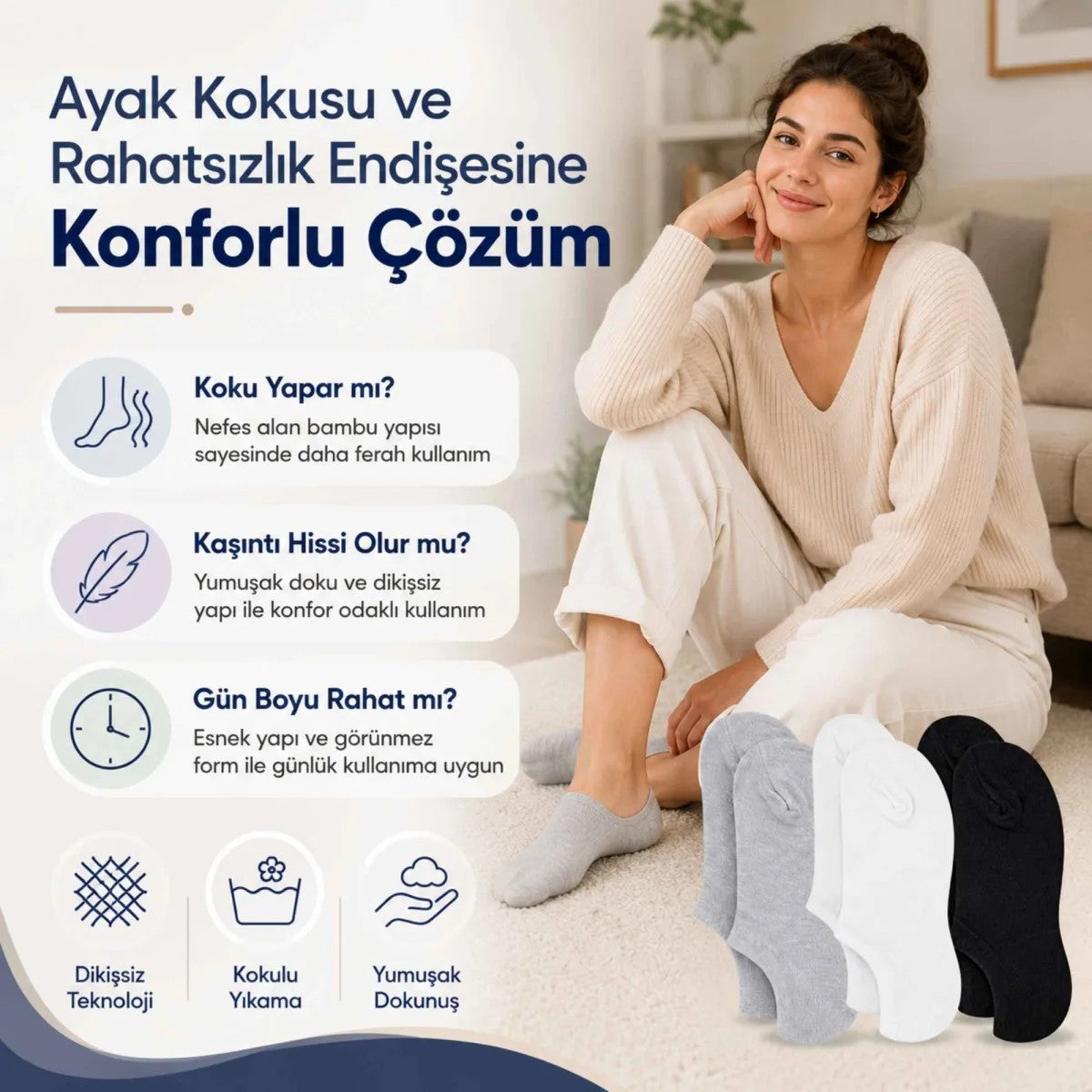 Kadın Bambu 12’li Dikişsiz Babet Çorap Siyah Beyaz Gri Görünmez Sneaker Çorap Nefes Alan Yumuşak