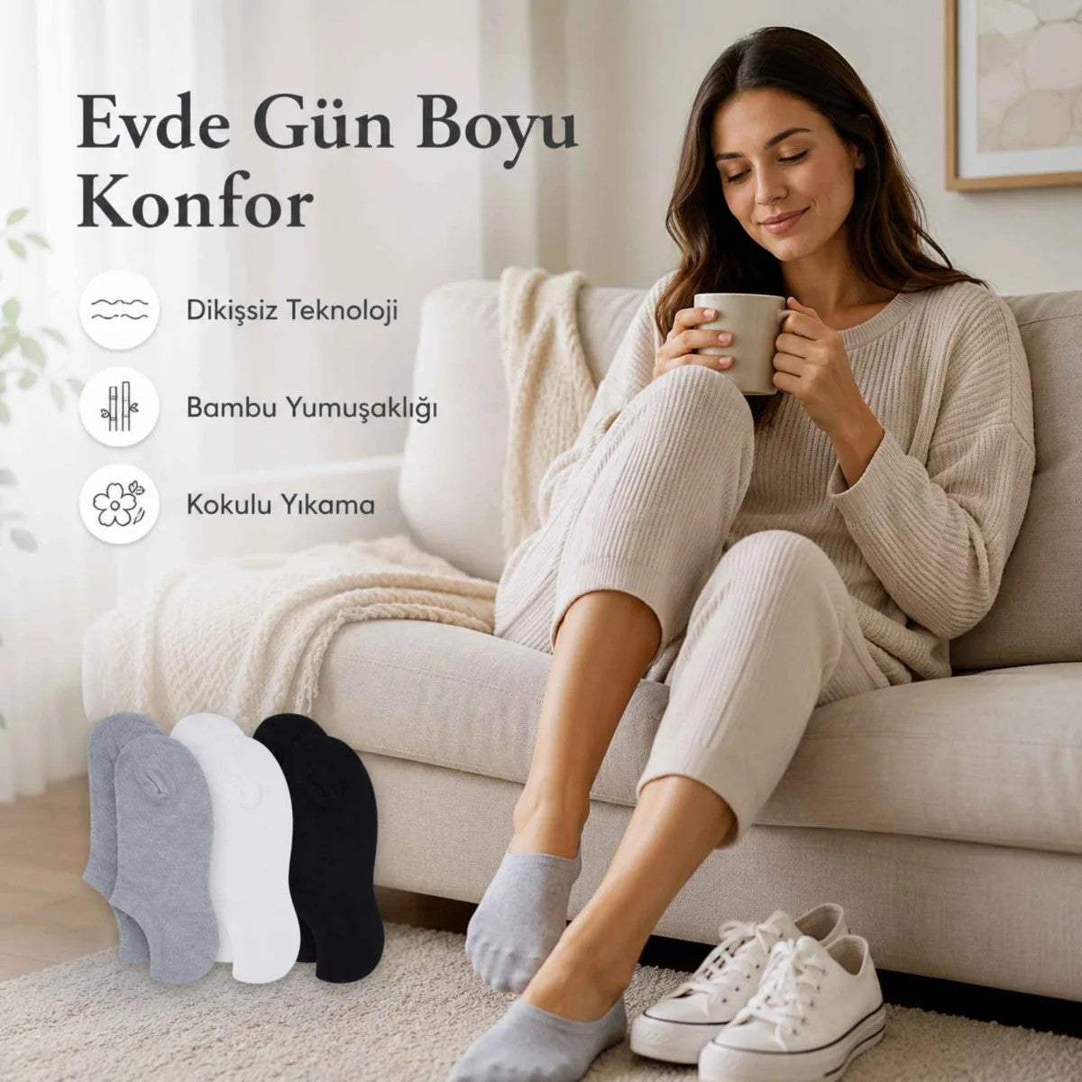 Kadın Bambu 6’lı Dikişsiz Babet Çorap Siyah Beyaz Gri Görünmez Sneaker Çorap Nefes Alan Yumuşak
