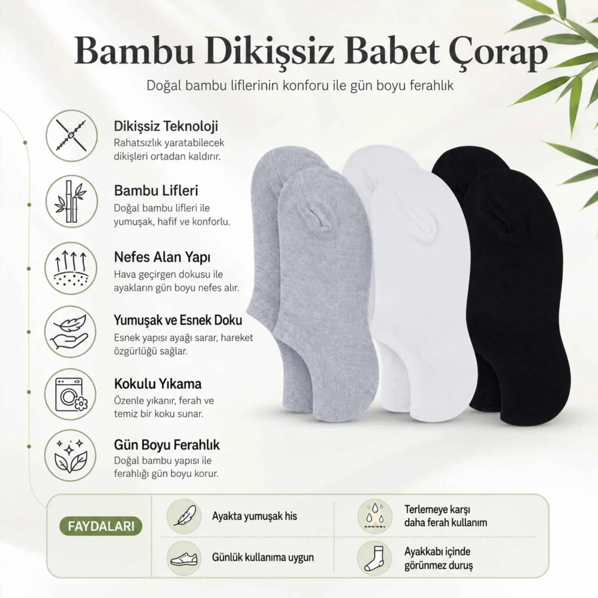 Kadın Bambu 6’lı Dikişsiz Babet Çorap Siyah Beyaz Gri Görünmez Sneaker Çorap Nefes Alan Yumuşak