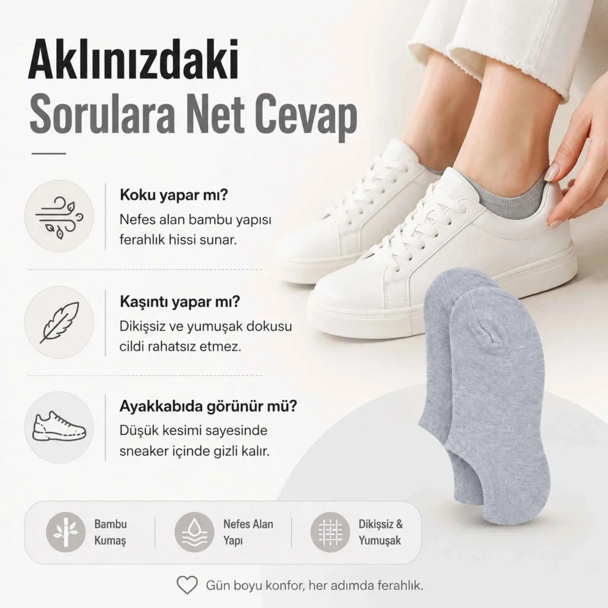 Kadın Bambu 6’lı Dikişsiz Babet Çorap Siyah Beyaz Gri Görünmez Sneaker Çorap Nefes Alan Yumuşak